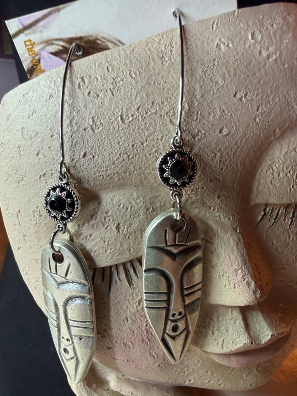 Tribal Mask Drop Earrings - Black Accent